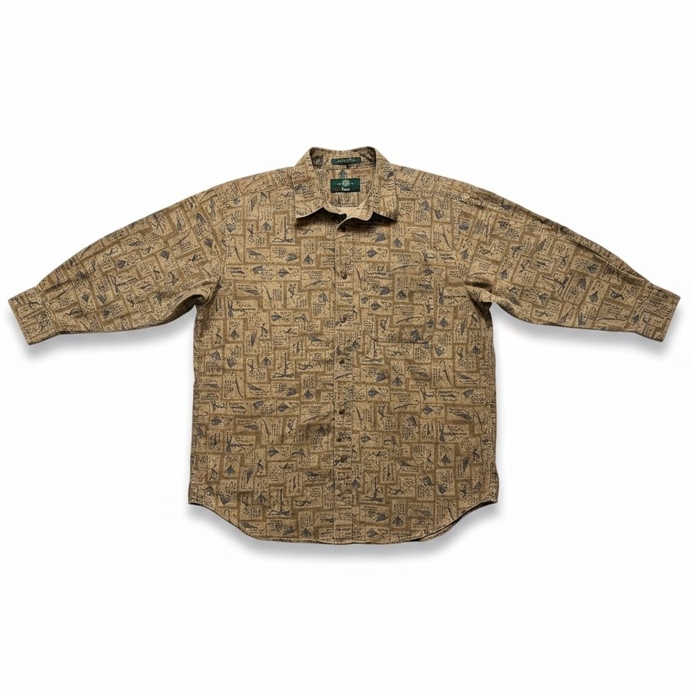 Orvis Mens XL Fly Fishing Print Button Down Shirt Khaki Tan Cotton Long Sleeve